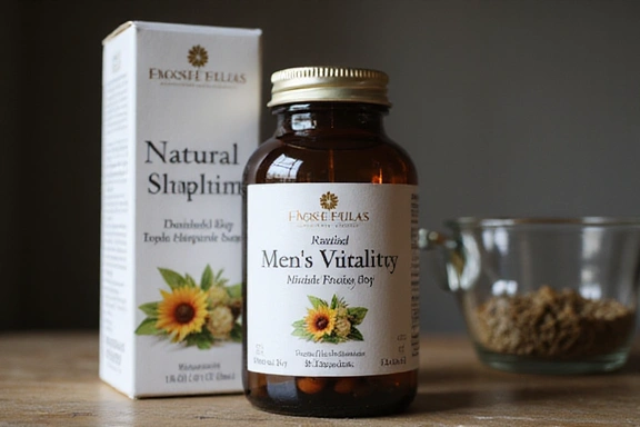 Glavna slika prirodnog biljnog suplementa za mušku vitalnost, prikazuje pakovanje sa logotipom i sastojcima
